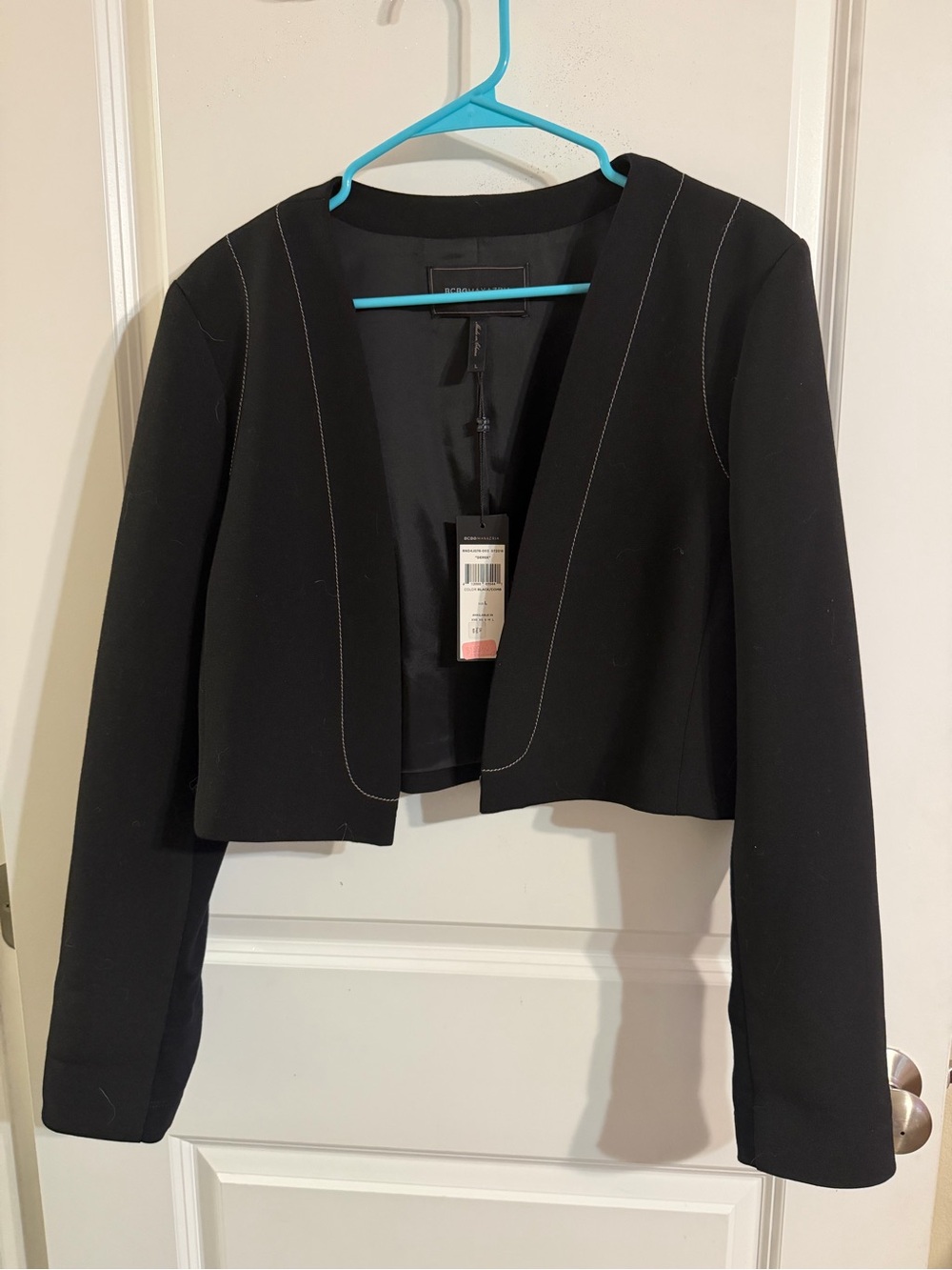 BCBG MaxAzria Cropped Black Women's Open Front Jacket size large NWT!